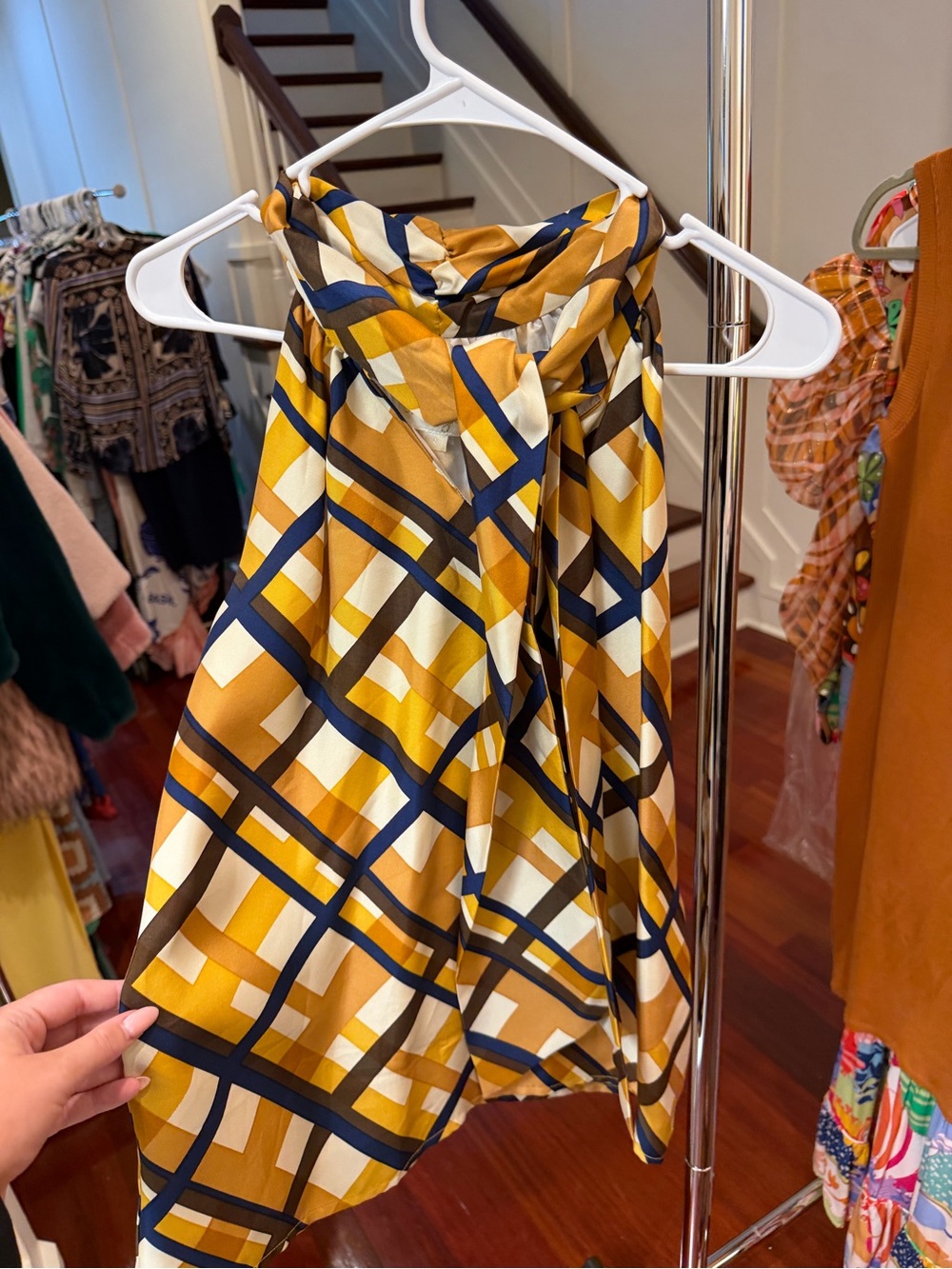Geometric Print Halter Tank Top - Mustard Multi
